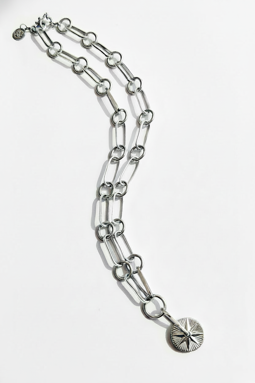Large-Link Compass Necklace in Sterling Silver