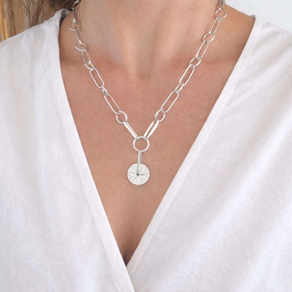 Large-Link Compass Necklace in Sterling Silver